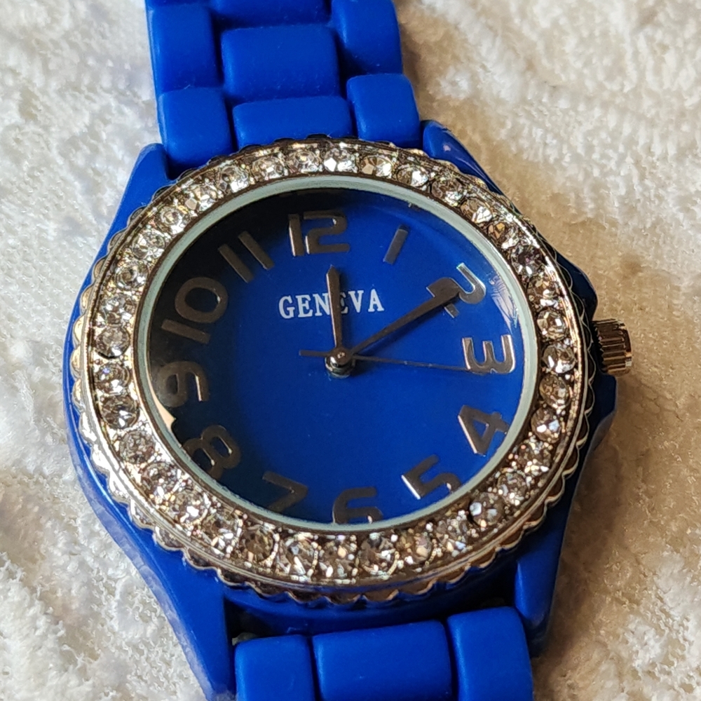 Geneva Blue Silicone Watch with Crystal Accents - Picture 3 of 15
